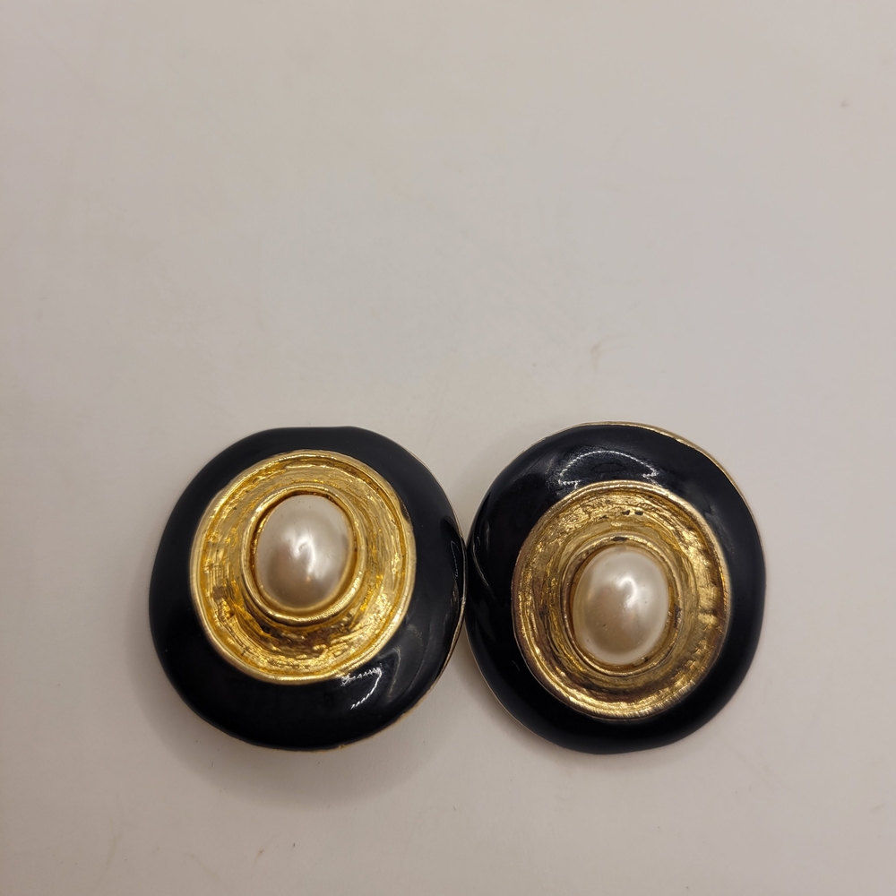 Vintage Black and Gold Earrings with Pearl Accent